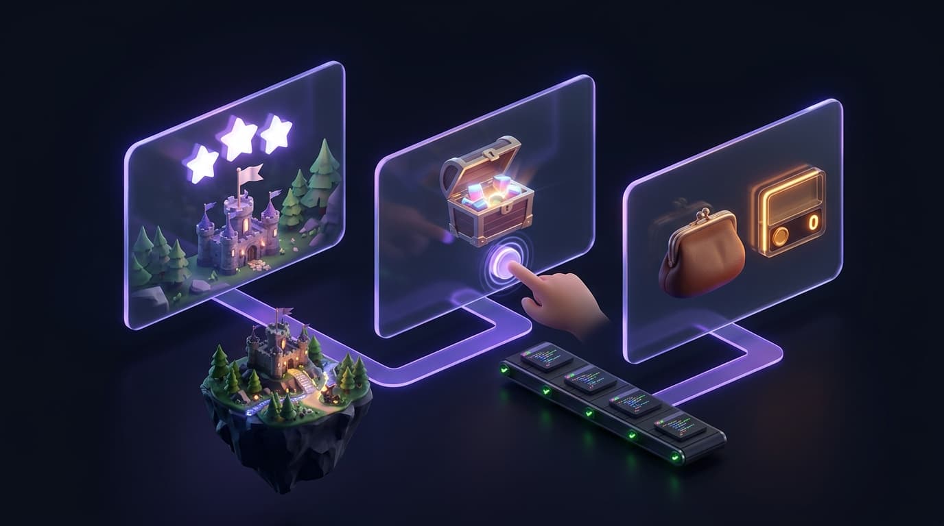 Three screens in sequence: a completed level with three stars, a reward chest with a finger tapping the claim button, and an empty coin counter. Below them, build checks show green lights.