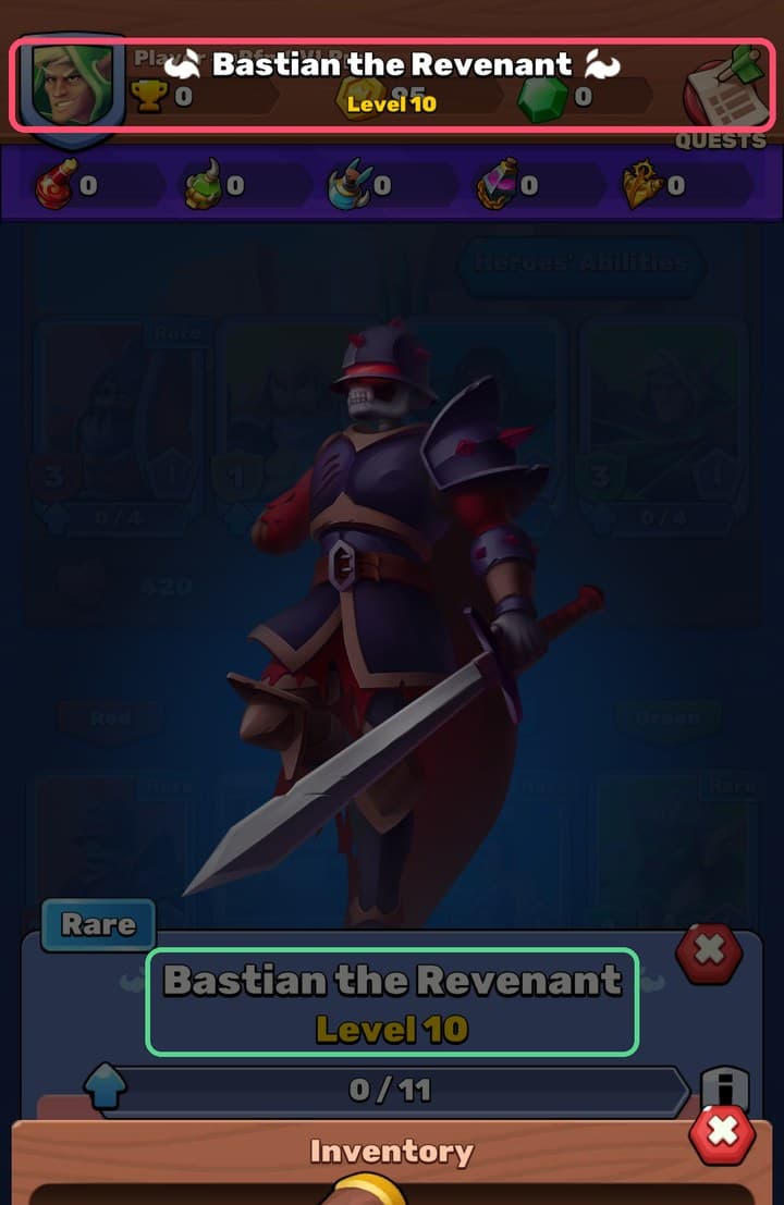 Mystic Duel hero screen: the title Bastian the Revenant, Level 10 is outlined in red where it covers the player name and gold counter in the top bar, and outlined in green in its place inside the hero panel.